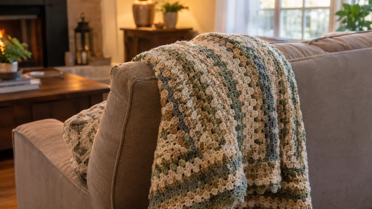 A folded crocheted throw blanket draped over the back of a sofa in a cozy living room