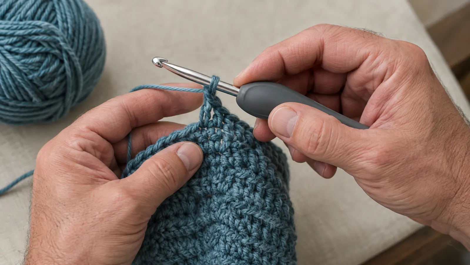 A hand holding an ergonomic crochet hook over a partially worked swatch of yarn