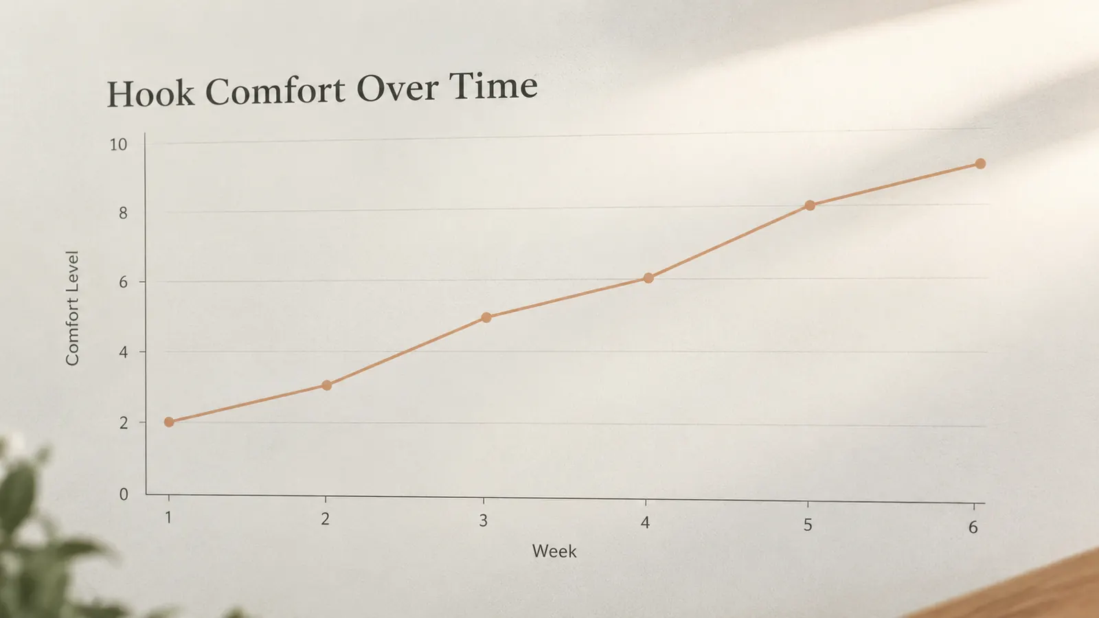 A simple line chart titled Hook Comfort Over Time, with one line trending upward over several weeks