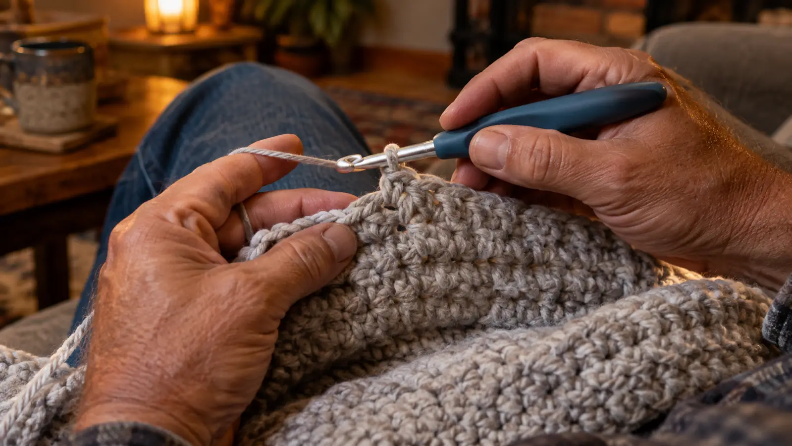 A close-up of a hand holding an ergonomic crochet hook over a row of crochet stitches.