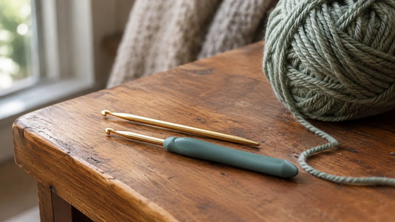Two crochet hooks resting on a wooden side table beside a ball of yarn, one with a plain slim shaft and one with a cushioned handle.
