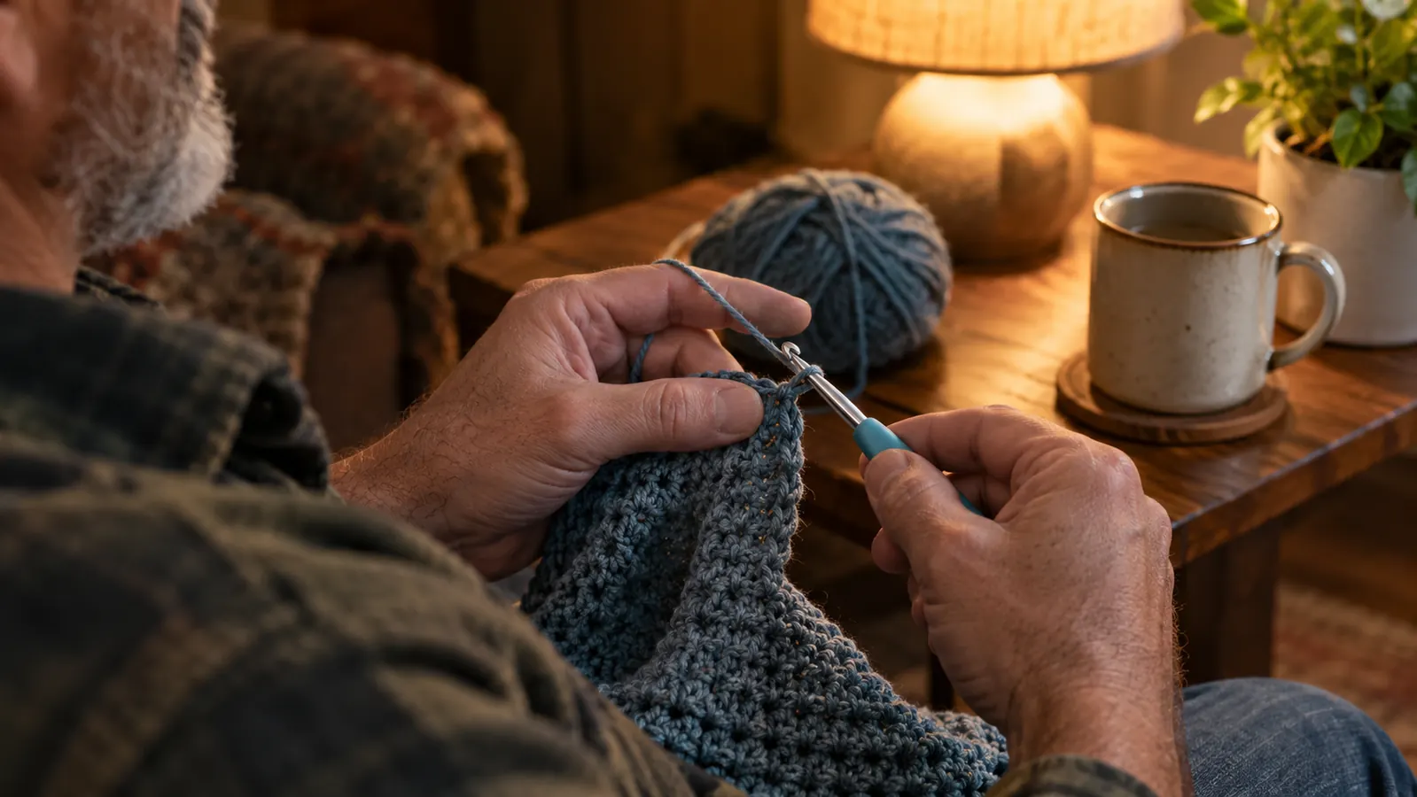 A hand holding an ergonomic crochet hook over a small pile of yarn