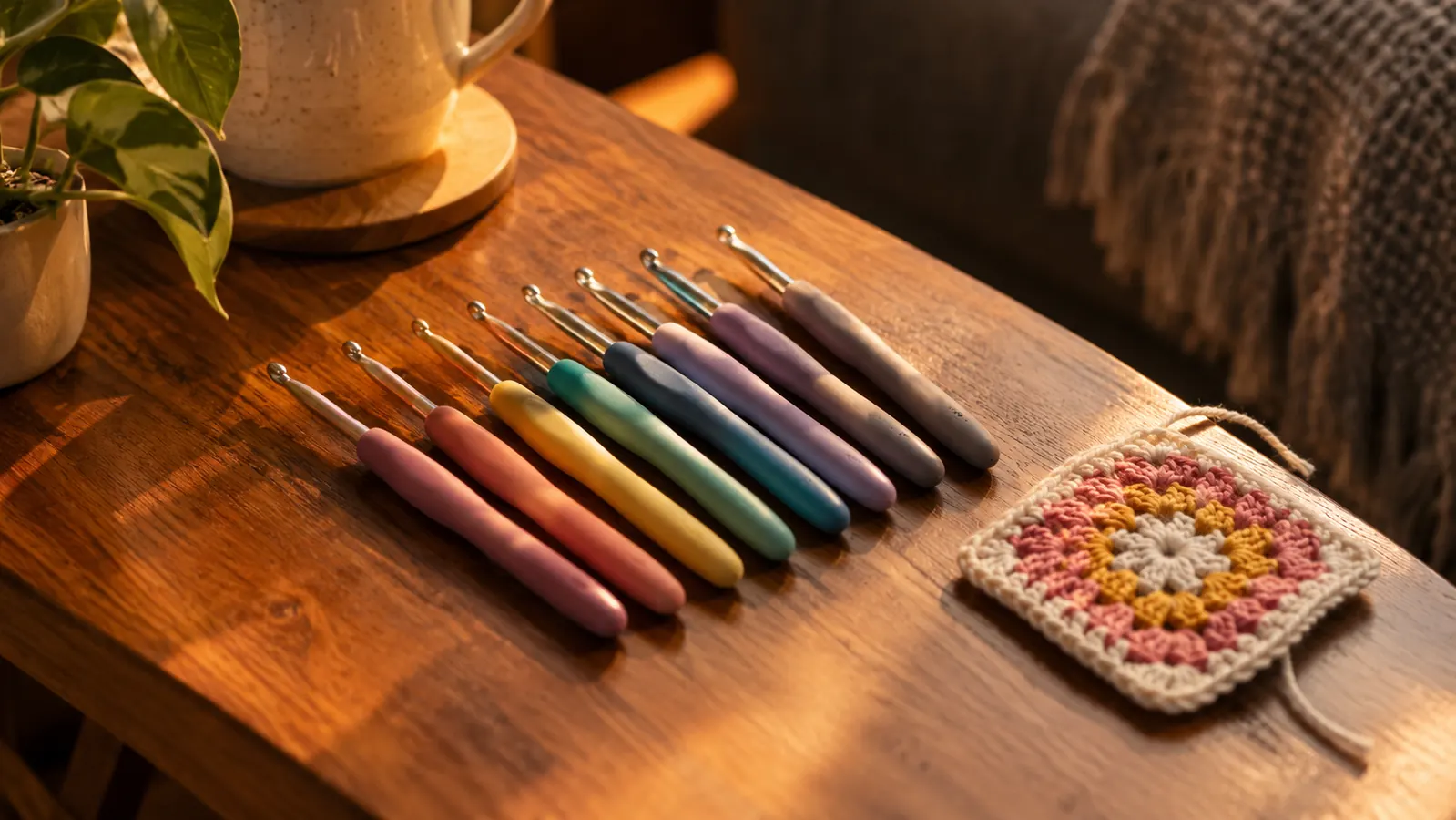 A row of crochet hooks with soft-grip handles laid on a wooden table beside a finished square of crochet