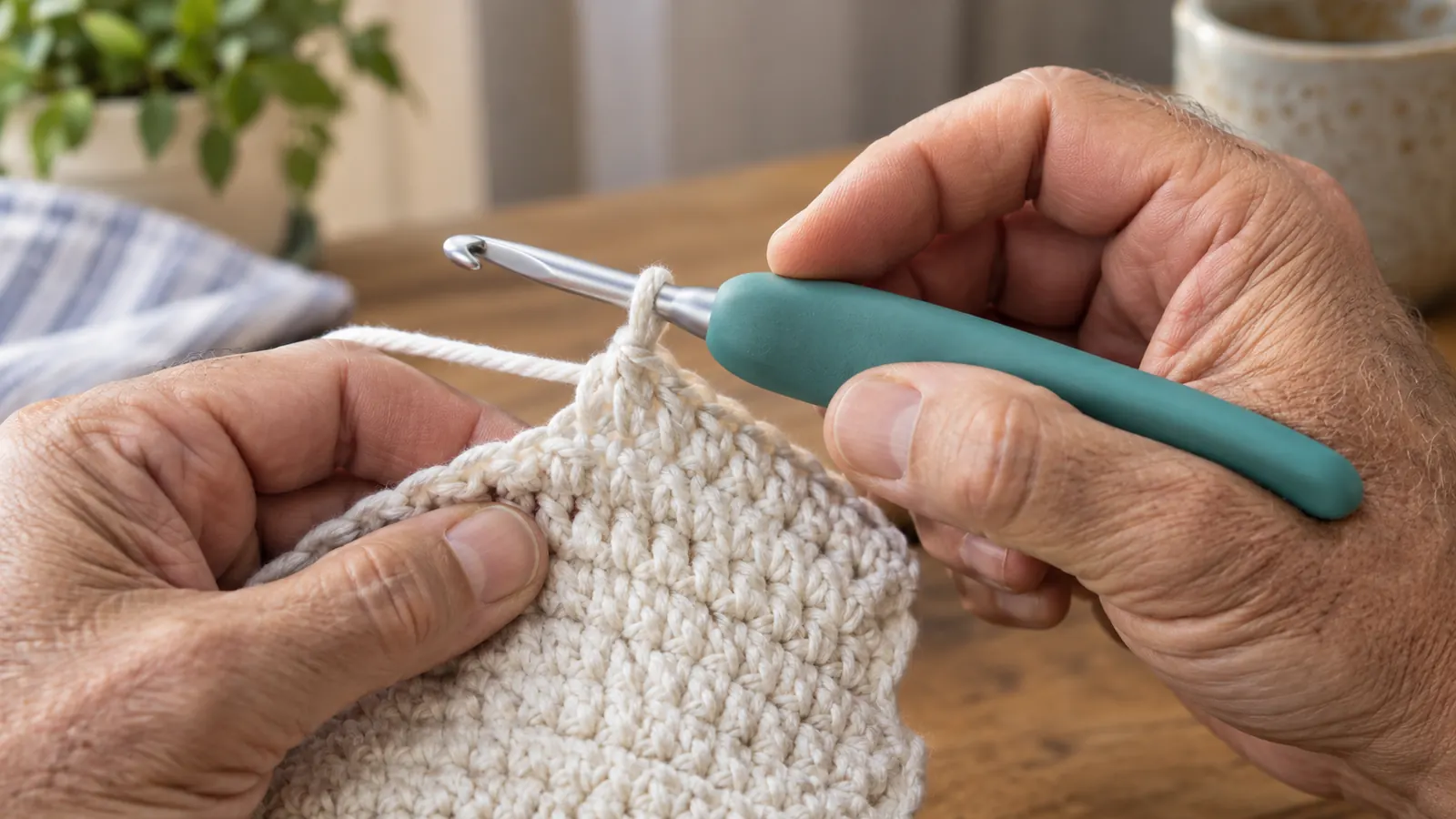 A hand holding an ergonomic crochet hook with a cushioned handle while working a row of stitches