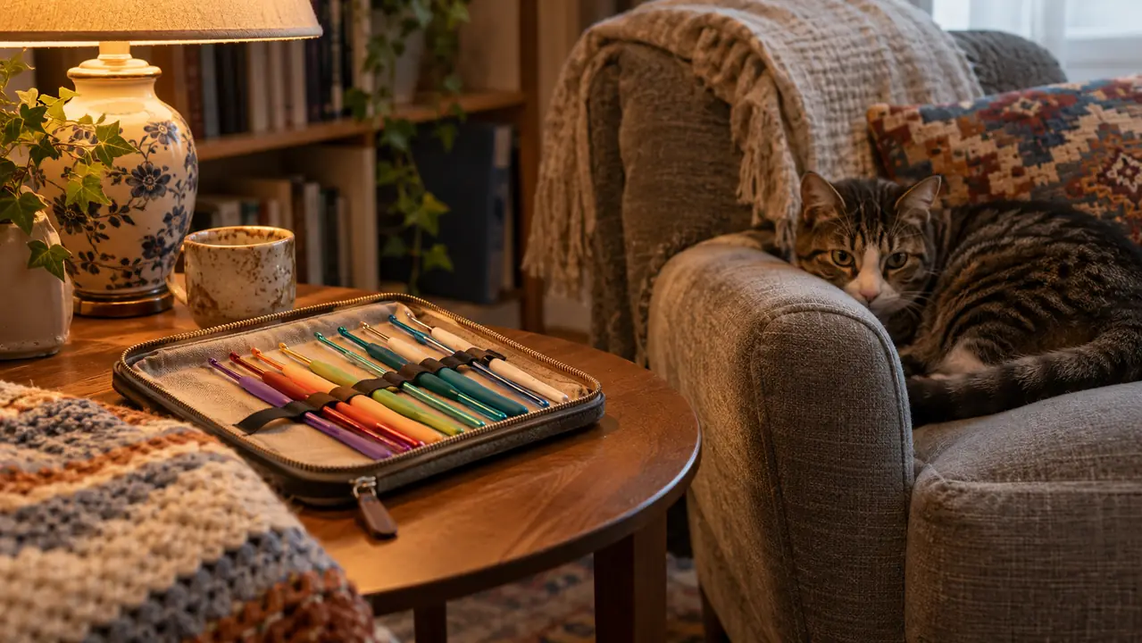 An open case of crochet hooks on a side table beside a folded blanket, with a cat watching from the armchair